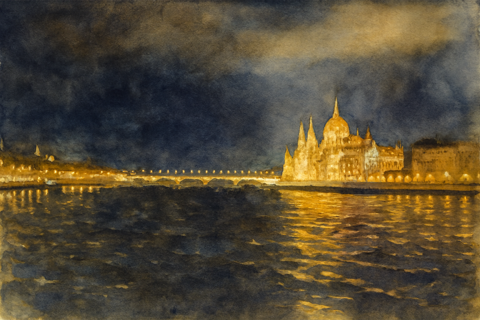 Parliament building at night from a Danube river cruise boat in Budapest, Hungary