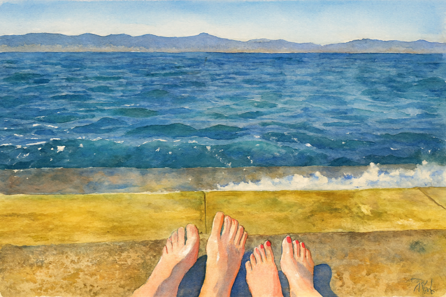 Two pairs of feet on the steps of Zadar's sea organ looking over the Adriatic