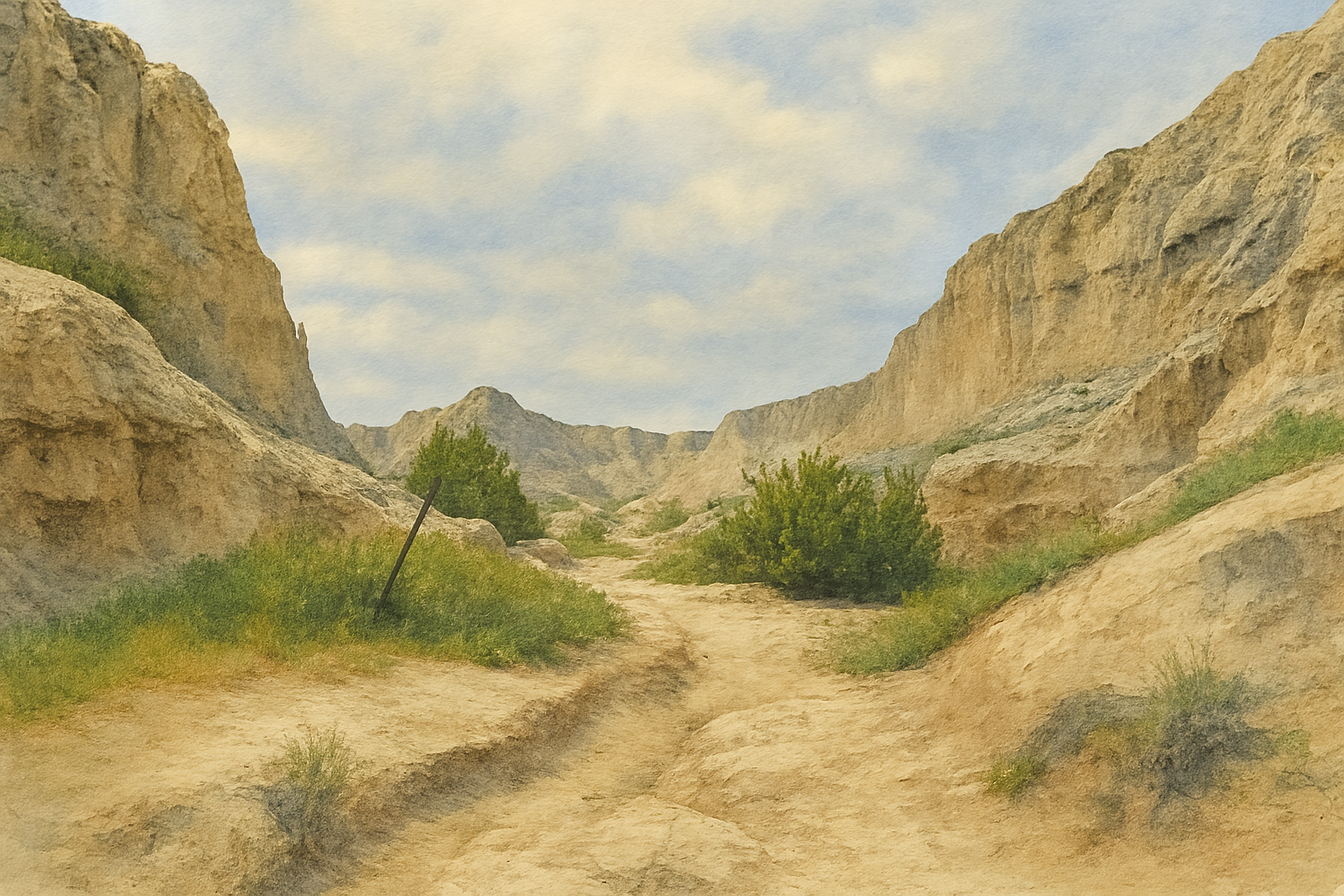Image of winding trail through Badlands