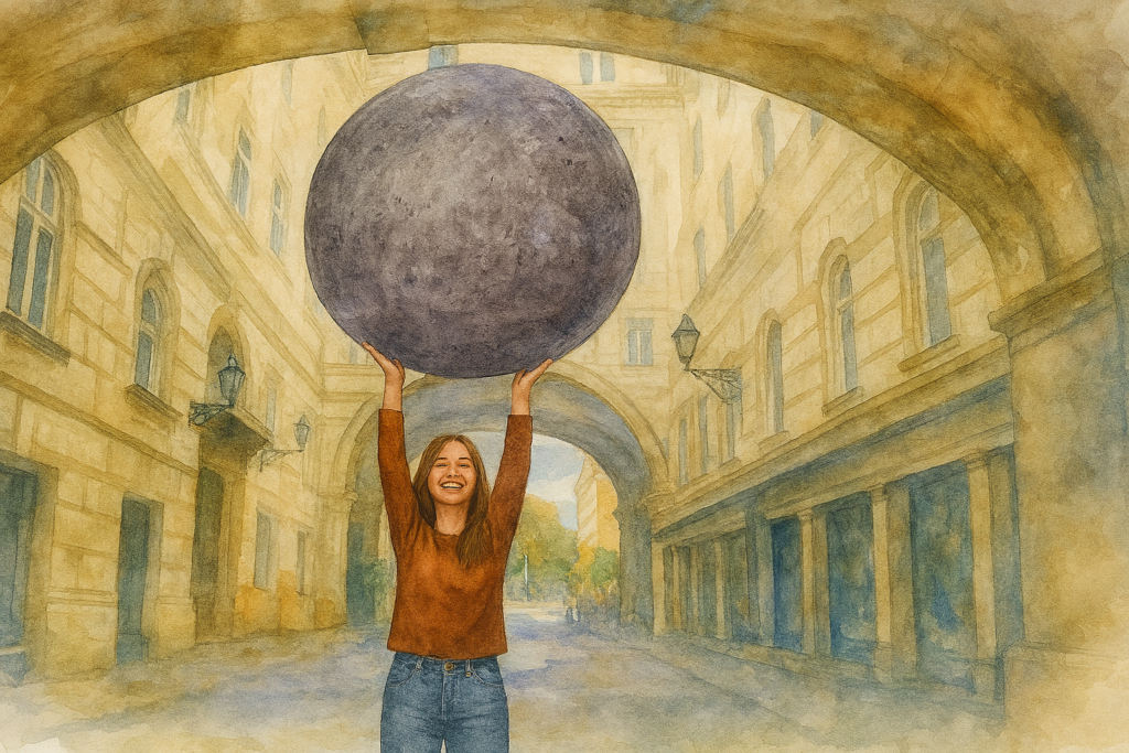 A young woman poses with the Lunar Project art installation in Budapest, Hungary