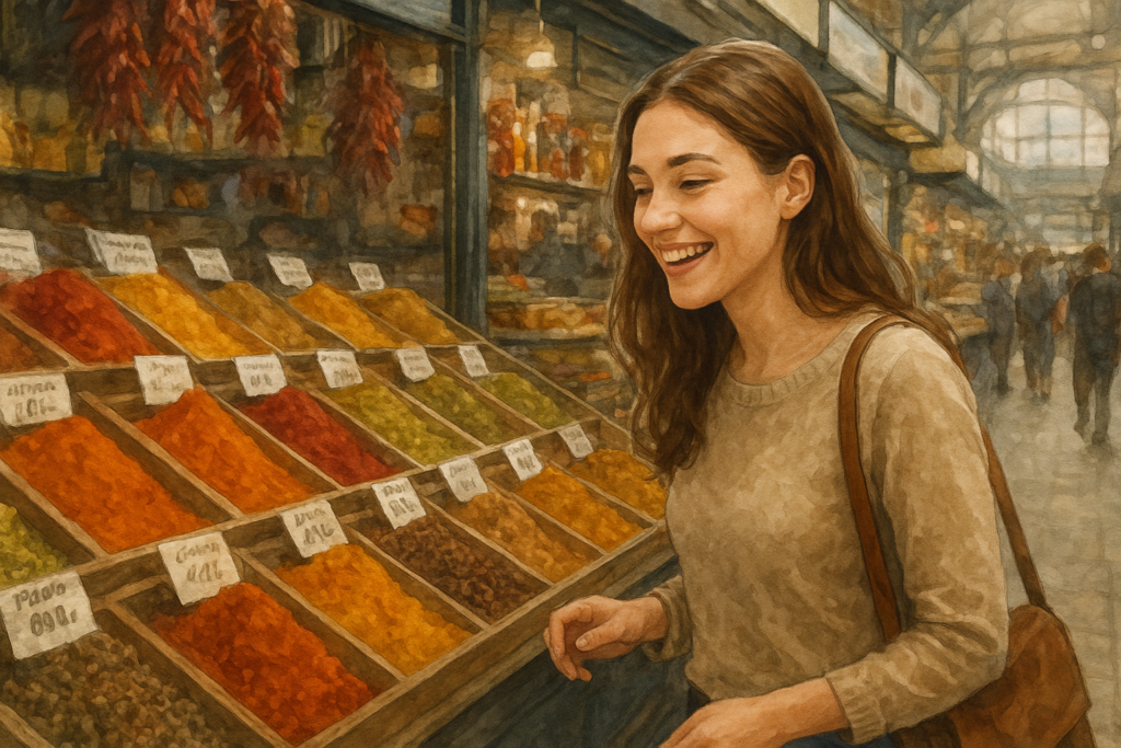 A young woman looks at the spices in the Great Market Hall in Budapest, Hungary