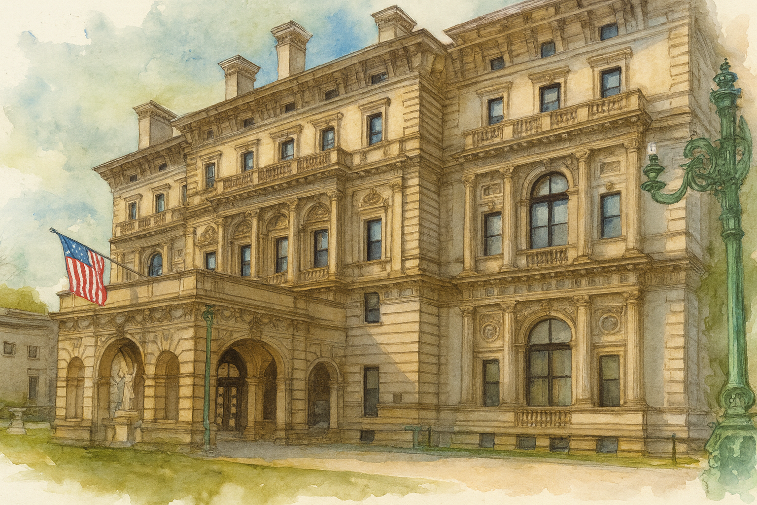 The front facade of the Breakers in Newport Rhode Island