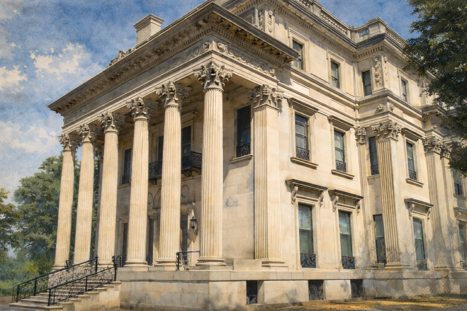 Exterior front facade of the Vanderbilt mansion in Poughkeepsie, NY